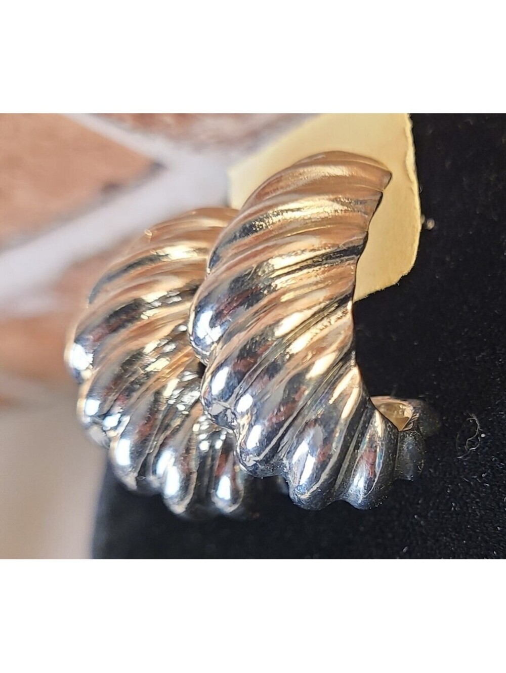 Vintage 80s Silver Tone Chunky Ribbed Croissant Hoop Earrings Statement